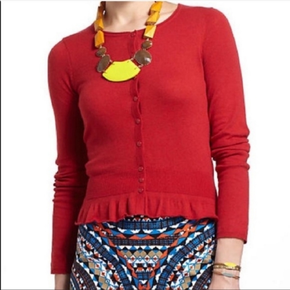 Anthroplogie Sparrow Red Button Front Ruffle‎ Feminine Cardigan Size Small